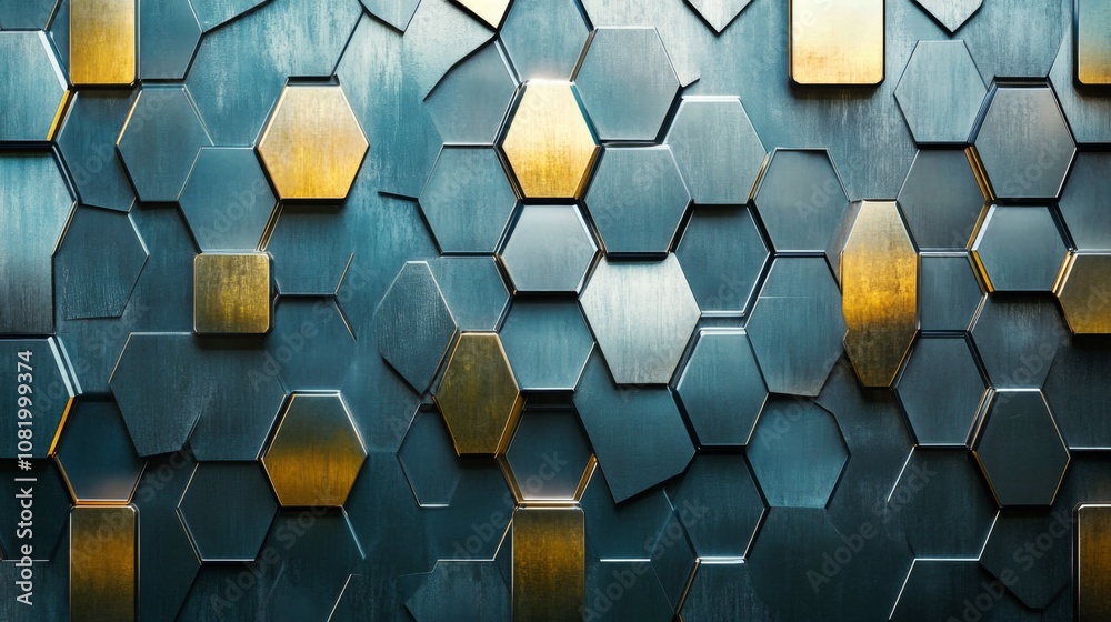 Poster Complex Hexagonal Pattern in Shades of Blue and Gold Creating a Modern and Stylish Abstract Background for Use in Design and Art Projects