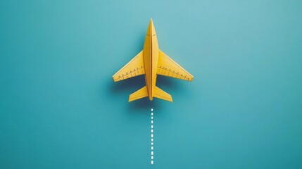 A paper airplane flies through the air, leaving behind two lines of dotted trails on a blue background.