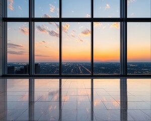 Fototapeta premium Sunset reflection on glass windows modern office space urban skyline serene environment wide angle view tranquil concept for business professionals