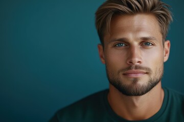 Obraz premium Close-up of a man with striking blue eyes and stylish hair indoors