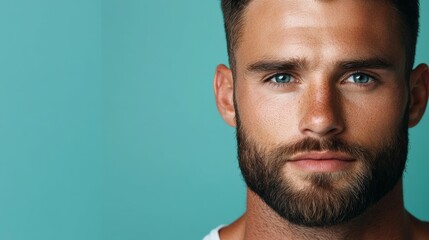 Fototapeta premium Close-up of a man with a beard against a pastel background indoors