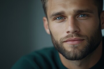 Obraz premium Young man with piercing blue eyes and a well-groomed beard indoors