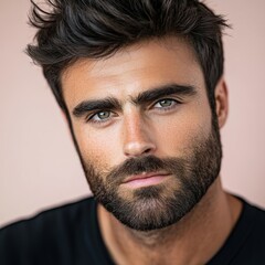 Obraz premium Close-up of a man with dark hair and beard on soft background