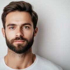 Fototapeta premium A young man with a beard poses against a neutral background indoors