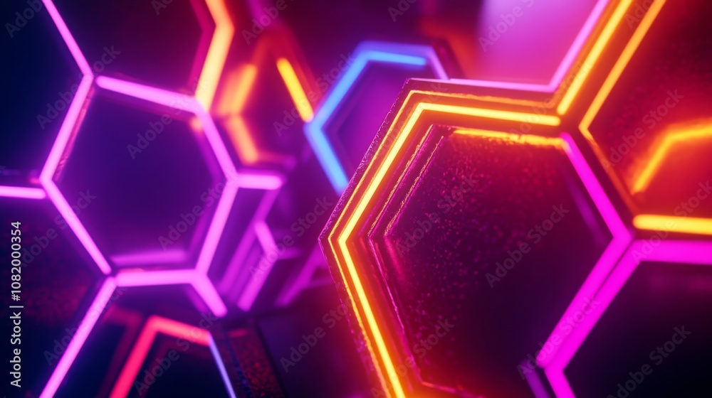 Fototapete Vibrant Neon Hexagonal Patterns with Glowing Edges Creating a Futuristic Abstract Background for Digital Art, Technology, and Creative Projects