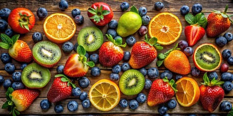 Vintage Style Photography of Colorful Fruit Mix with Stripes - Aesthetic Food Art, Retro Vibes, Fresh Produce, Bright Colors, Summer Delight, Whimsical Arrangement, Culinary Inspiration
