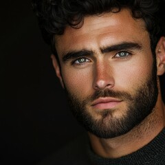 Obraz premium Close-up portrait of a young man with curly hair and striking blue eyes
