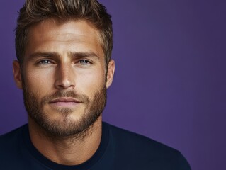 Obraz premium Handsome young man with a beard poses against a purple background