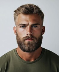 Fototapeta premium Man with a groomed beard and stylish haircut poses against neutral
