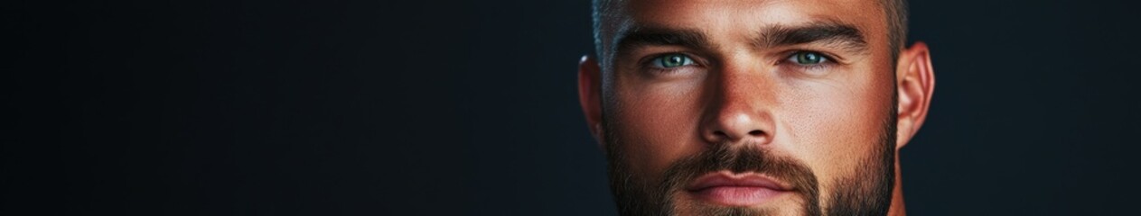 Close-up of a man with striking blue eyes and beard against dark background