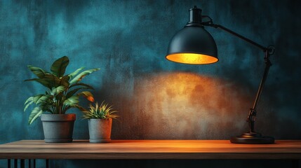 Sleek black desk lamp on an empty wooden table with plenty of copy space, ideal for creative projects