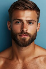 Obraz premium Young man with a beard and blue eyes posing against a blue background