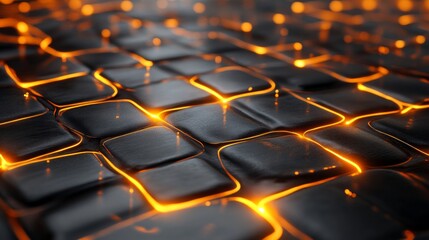 Fototapeta premium Glowing Texture of Black Tiles with Orange Light Emitting Effects Creating a Futuristic and Abstract Visual Background for Digital Design and Creative Projects