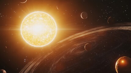 Obraz premium A detailed illustration of the solar system, with planets orbiting around a bright, glowing sun.