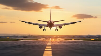 Fototapeta premium Airplane Landing on a Runway at Sunset with Beautiful Sky Colors and a Warm Glow, Capturing a Moment of Air Travel and Adventure for Aviation Enthusiasts