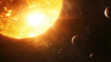 Obraz premium A detailed illustration of the solar system, with planets orbiting around a bright, glowing sun.