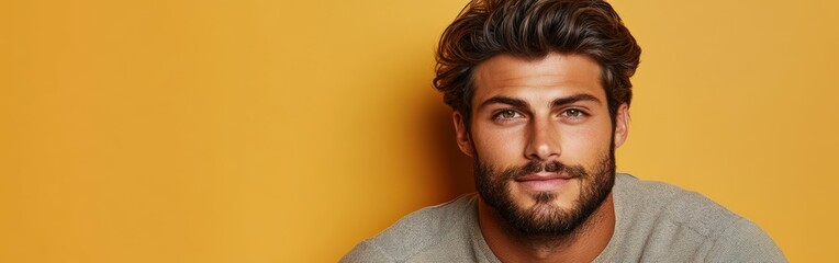 Obraz premium Portrait of a man with stylish hair and beard against a yellow backdrop