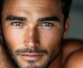Obraz premium Close-up portrait of a young man with striking green eyes and stubble