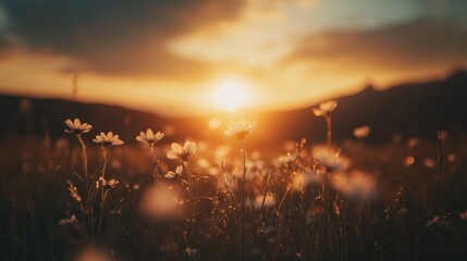 Wildflowers Illuminated by a Setting Sun in a Field
