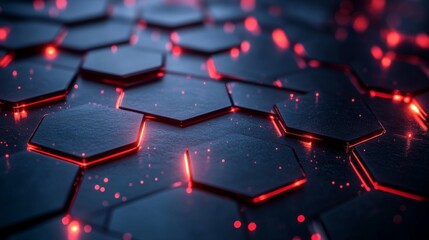 Obraz premium Abstract Hexagonal Background with Glowing Red Lights in a Dark Environment, Perfect for Technology and Futuristic Concepts and Designs