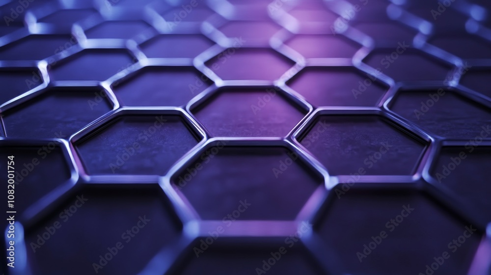Poster close-up of a geometric pattern featuring metallic hexagons with soft purple and blue lighting, crea