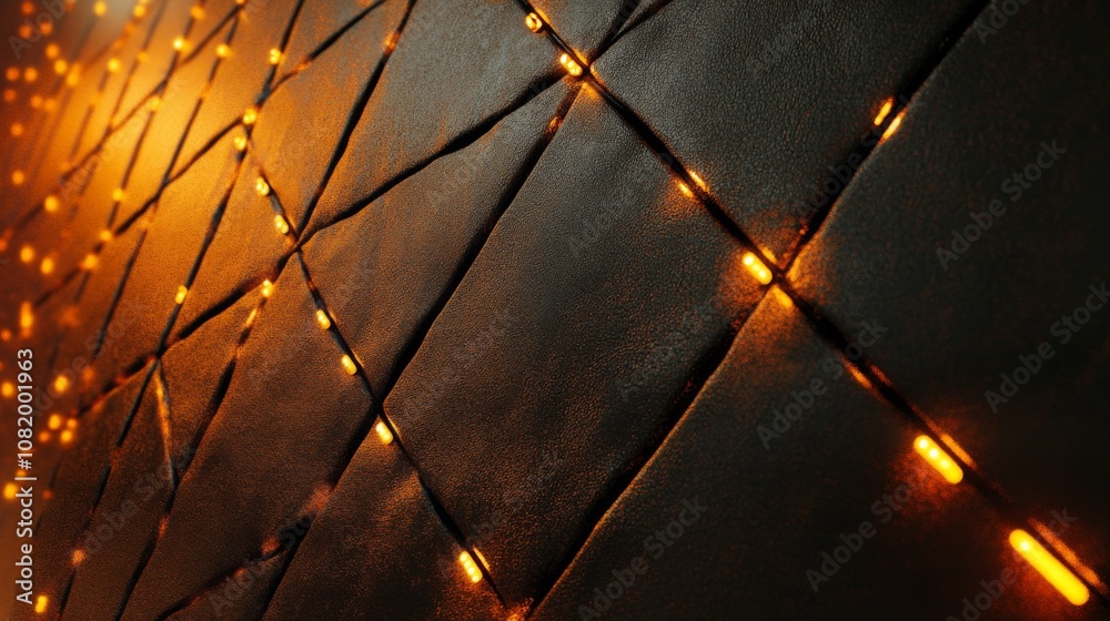 Poster elegant warm glow of decorative led lights on a textured dark leather wall, creating an inviting and