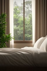 A cozy bedroom with a bed and lush greenery outside the window
