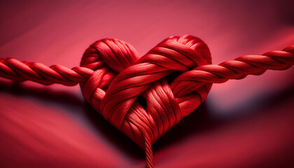 Romantic gesture displaying intertwined red rope heart studio setting with soft lighting emotional concept of love and connection