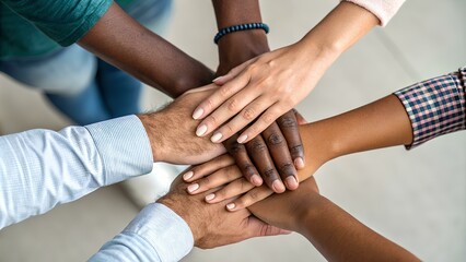 A close-up of diverse hands stacked on top of each other, symbolizing unity, teamwork, and cooperation against a neutral background