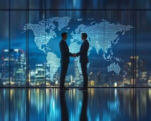 Business Partners Shaking Hands in Modern Office with Digital World Map Background