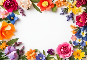 Obraz premium Vibrant Floral Frame with Assorted Paper Flowers in Bright Colors and Green Leaves Surrounding a Blank Space for Customization or Text