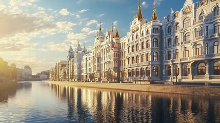 Ornate Art Deco Buildings Reflect in the Calm River Running Through the Vibrant City