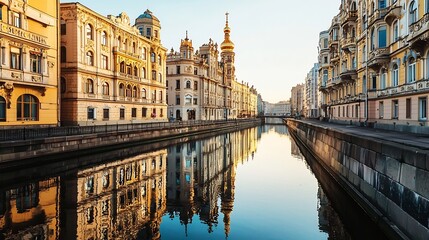 Obraz premium Majestic Art Deco Buildings Reflected in the Tranquil River Flowing Through the Heart of the Historic City