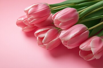 Obraz premium Delicate Pink Tulips on a Soft Pink Background Perfect for Spring Decor, Floral Arrangements, Wedding Celebrations, or Romantic Gifts to Celebrate Love