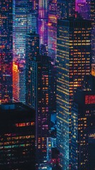 Obraz premium Vibrant Nighttime Cityscape with Towering Illuminated Skyscrapers and Mosaic of Lights