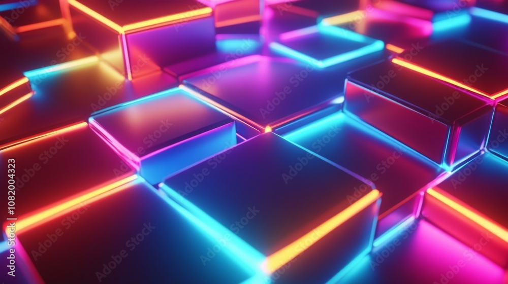 Aufkleber abstract neon light design with glowing cubes on a dark background for modern digital art or technol