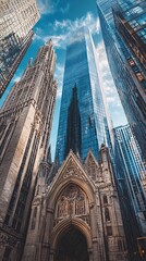 Naklejka premium Towering Gothic Architecture Contrasts with Modern Skyscrapers in Urban Cityscape