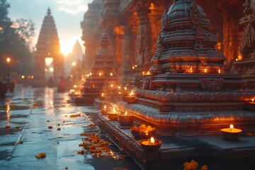 A serene temple at dawn, where priests and worshippers perform morning rituals. Generative AI