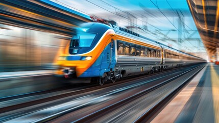 Blur Speed. Fast Blue High-Speed Train for Cargo Commuting