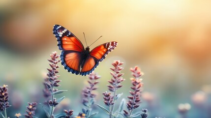 Obraz premium A Monarch Butterfly Perched on Purple Flowers in Soft Sunlight