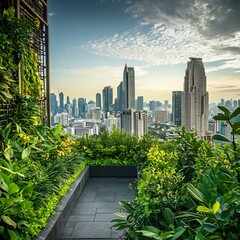 Fototapeta premium Lush Rooftop Garden Overlooks Towering City Skyline with Blended Urban and Natural Elements