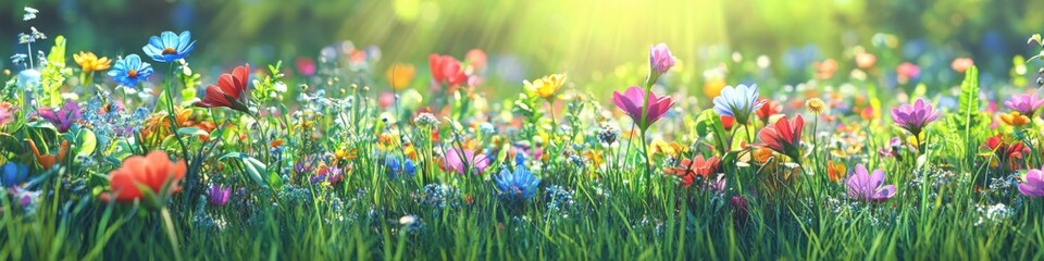 Fototapeta premium Vibrant Colorful Wildflowers Blooming Under Golden Sunlight in a Serene Meadow, Emitting a Sense of Peace and Tranquility in a Natural Setting