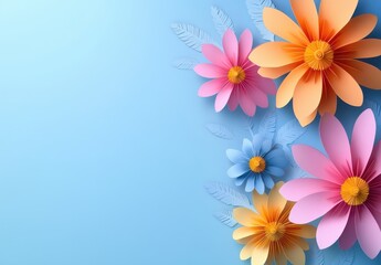 Obraz premium Vibrant and Colorful Paper Flowers on a Soft Blue Background, Perfect for Spring, Nature, Celebrations, and Creative Design Projects