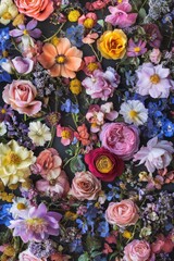 Vibrant Floral Arrangement Featuring a Kaleidoscope of Colorful Flowers Including Roses, Daisies, and Wildflowers Against a Dark Background for Artistic and Decorative Use