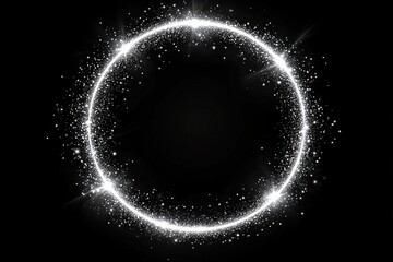 Fototapeta premium Silver glitter circle on white, light shine sparkles and grey spark particles in circle frame on black background. Christmas magic stars glow, firework confetti of glittery ring shimmer