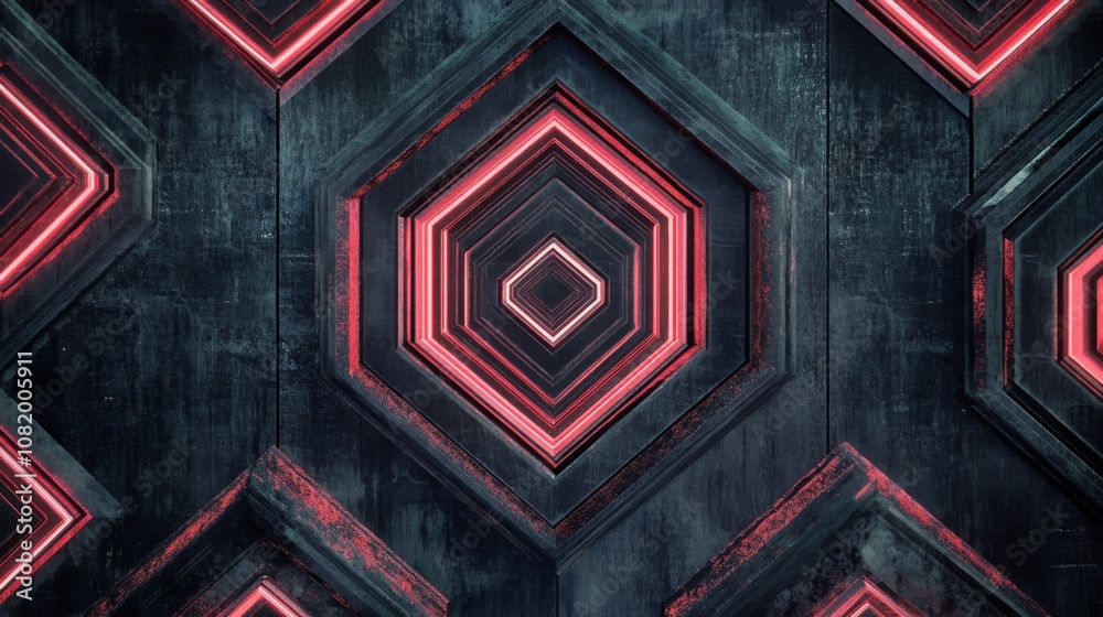 Aufkleber abstract geometric patterns with glowing red hexagons on a textured dark background, suitable for mo