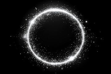 Fototapeta premium Silver glitter circle on white, light shine sparkles and grey spark particles in circle frame on black background. Christmas magic stars glow, firework confetti of glittery ring shimmer