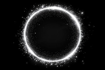 Silver glitter circle on white, light shine sparkles and grey spark particles in circle frame on black background. Christmas magic stars glow, firework confetti of glittery ring shimmer