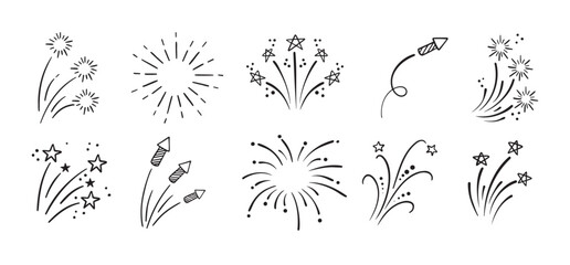 Fireworks and stars doodle Hand drawn set. Doodle Firework sketch. Linear vector explosions collection