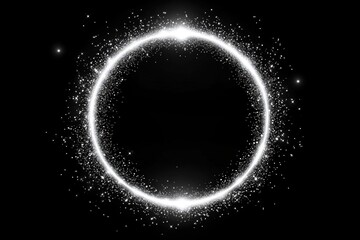 Obraz premium Silver glitter circle on white, light shine sparkles and grey spark particles in circle frame on black background. Christmas magic stars glow, firework confetti of glittery ring shimmer